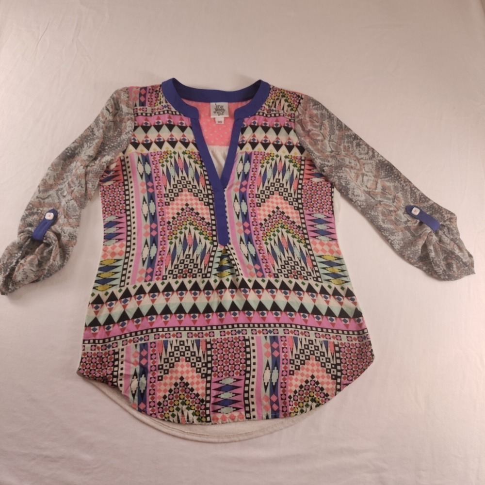 Ivy Jane Shirt  roll tab sleeve Extra Small Pink Blue Geometric Print  Blouse XS